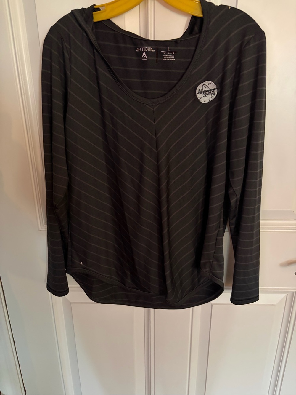 Antigua Black Long-Sleeve Hooded Shirt with Gray Pinstripes